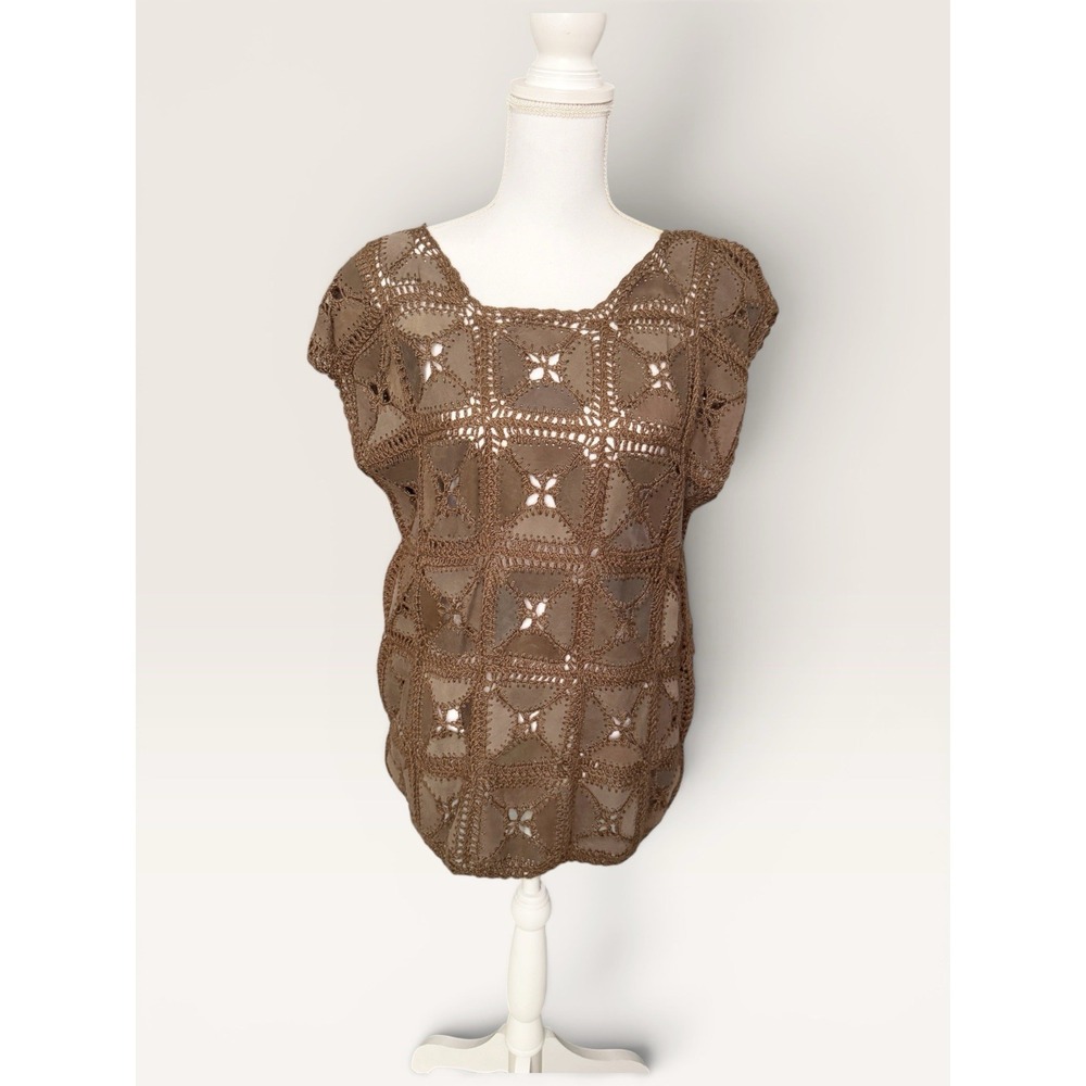 Women's Large Brown Crochet Lace Faux Suede Boho Festival Western Cowgirl Top